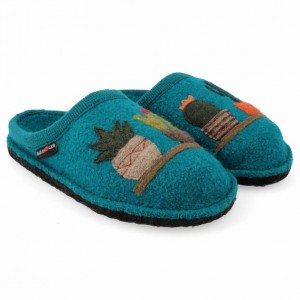 Women's Haflinger CACTUS Slippers Turquoise | NZ GZY192